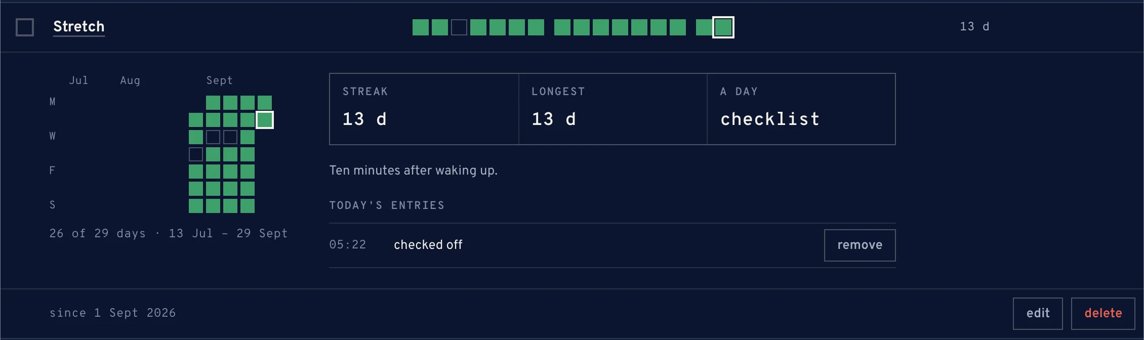 One habit open: streaks, record and today's entries