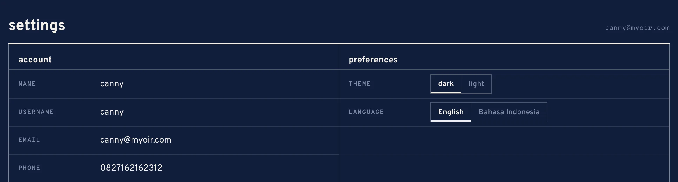 Settings: account and preferences