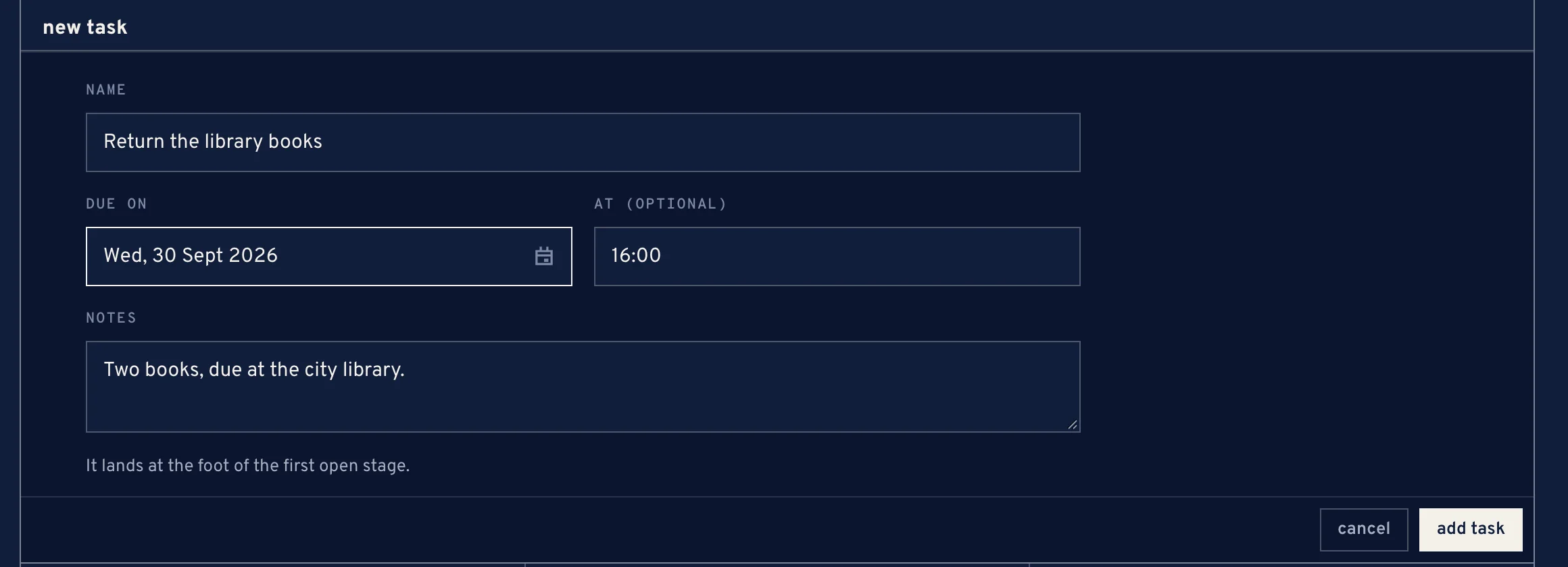 The new task form, filled in