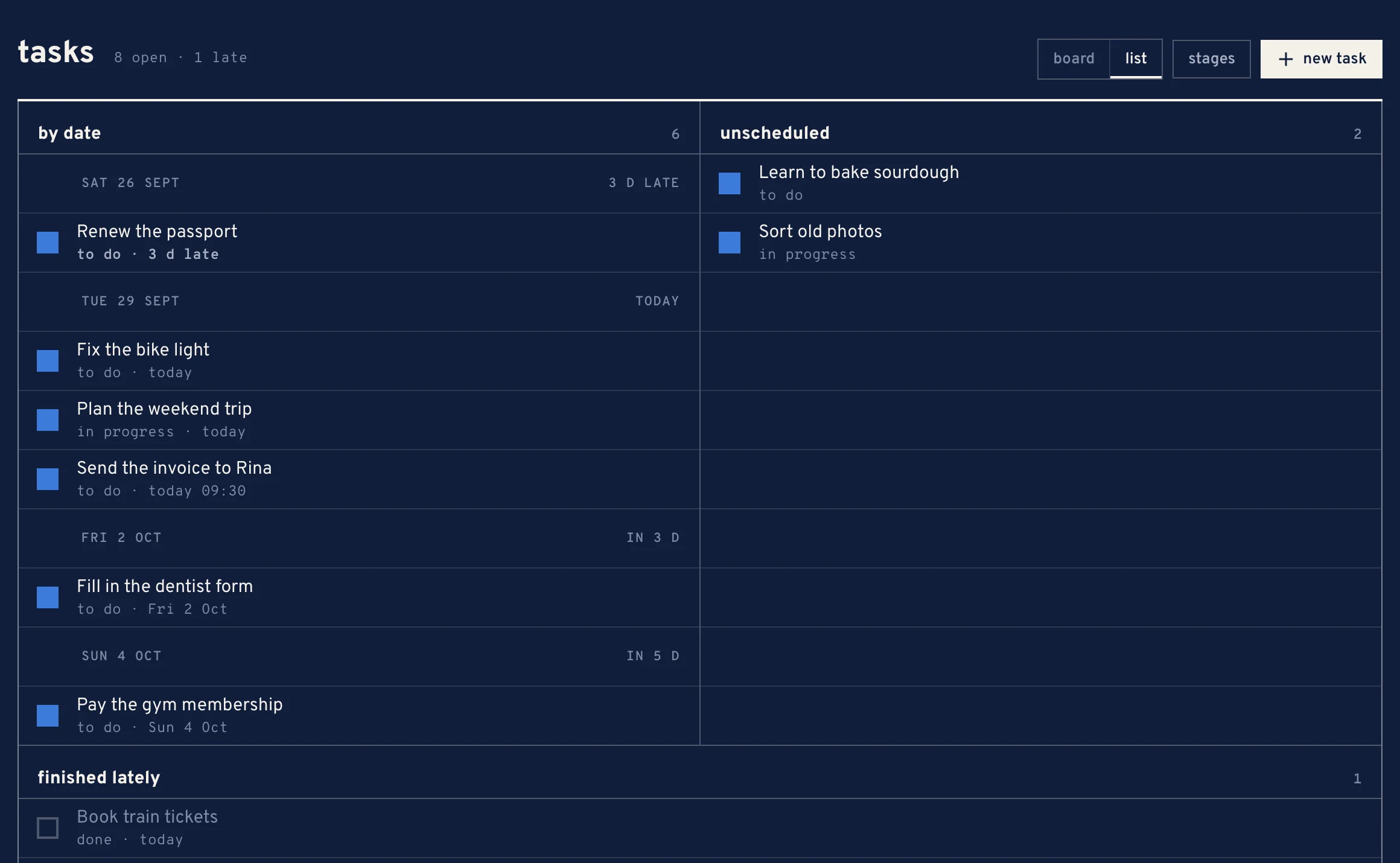 The tasks list view